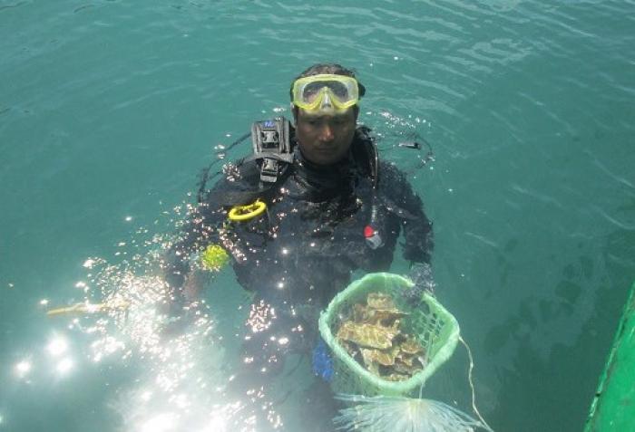 A local fisherman diver prepares to transplant corals in Bai Huong. © Huynh Ngoc